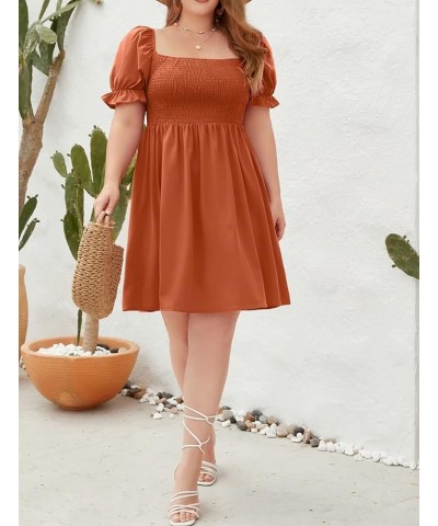 Plus Size Summer Dresses for Women Casual Puff Sleeve Square Neck A Line Smocked Tiered Dress Orange $17.20 Dresses