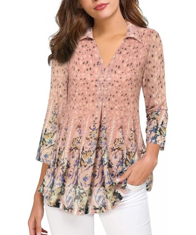 Womens 3/4 Sleeve Mesh Blouses Double Layers Tops Casual V Neck Floral Shirts Multi Pink $10.56 Tops