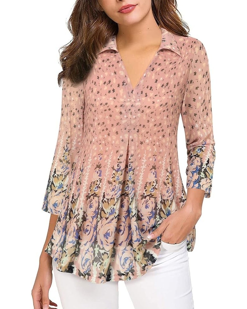 Womens 3/4 Sleeve Mesh Blouses Double Layers Tops Casual V Neck Floral Shirts Multi Pink $10.56 Tops