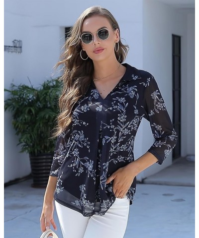 Womens 3/4 Sleeve Mesh Blouses Double Layers Tops Casual V Neck Floral Shirts Multi Pink $10.56 Tops