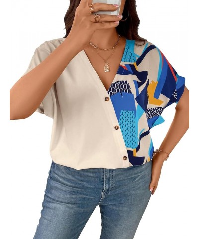 Women's Plus Size Printed Wrap V Neck Button Front Short Sleeve Blouse Top Multicolor Blue $18.19 Blouses