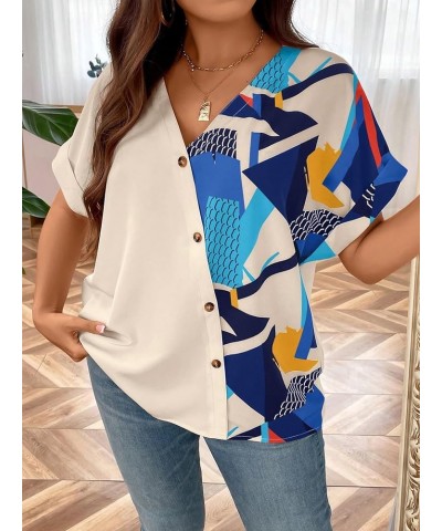 Women's Plus Size Printed Wrap V Neck Button Front Short Sleeve Blouse Top Multicolor Blue $18.19 Blouses