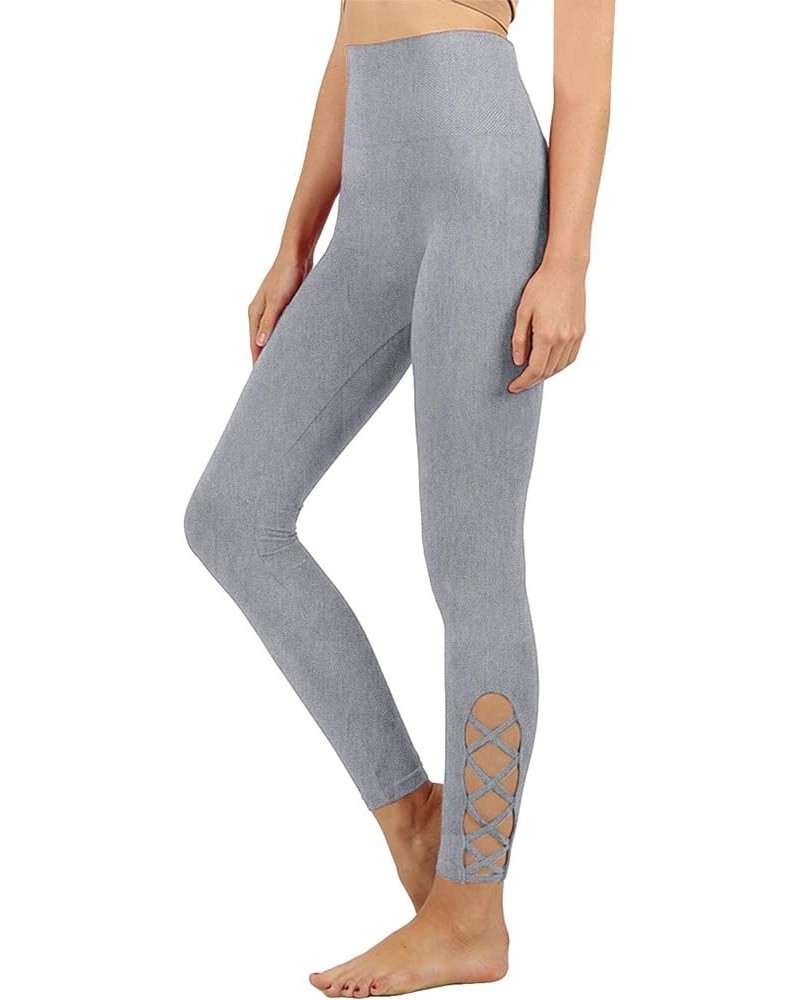 Womens High-Waisted Lattice-Hem Tummy Control Ankle Length Leggings Newp111-hgrey $11.56 Leggings