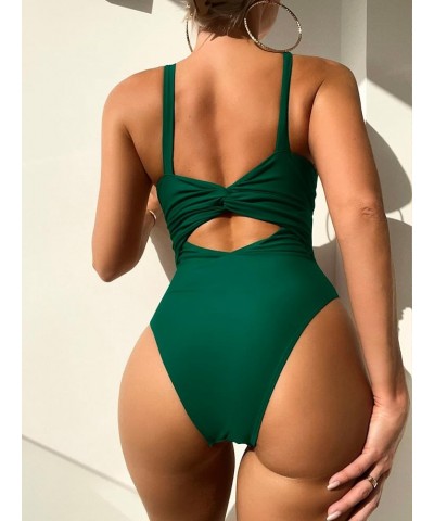 Women's Twist Back Cut Out Ring Plunge Neck One Piece Swimsuit Bathing Suit Dark Green $22.61 Swimsuits