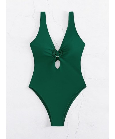 Women's Twist Back Cut Out Ring Plunge Neck One Piece Swimsuit Bathing Suit Dark Green $22.61 Swimsuits