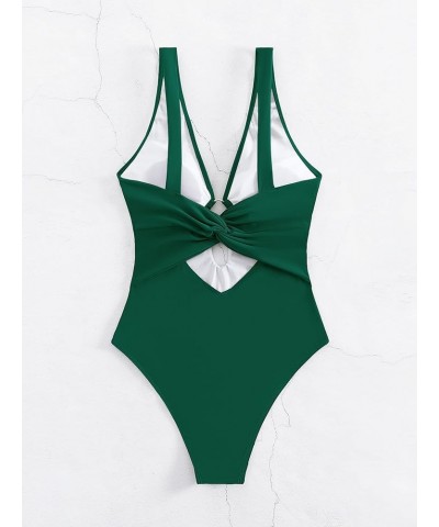 Women's Twist Back Cut Out Ring Plunge Neck One Piece Swimsuit Bathing Suit Dark Green $22.61 Swimsuits