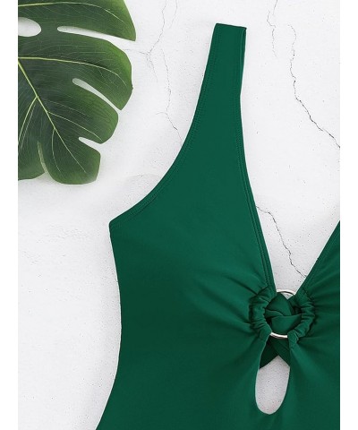 Women's Twist Back Cut Out Ring Plunge Neck One Piece Swimsuit Bathing Suit Dark Green $22.61 Swimsuits