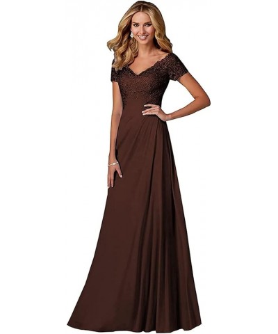 Chiffon Mother of The Bride Dresses Long Lace Appliques V-Neck Pleat Mother Bride Dresses for Wedding with Sleeves Chocolate ...