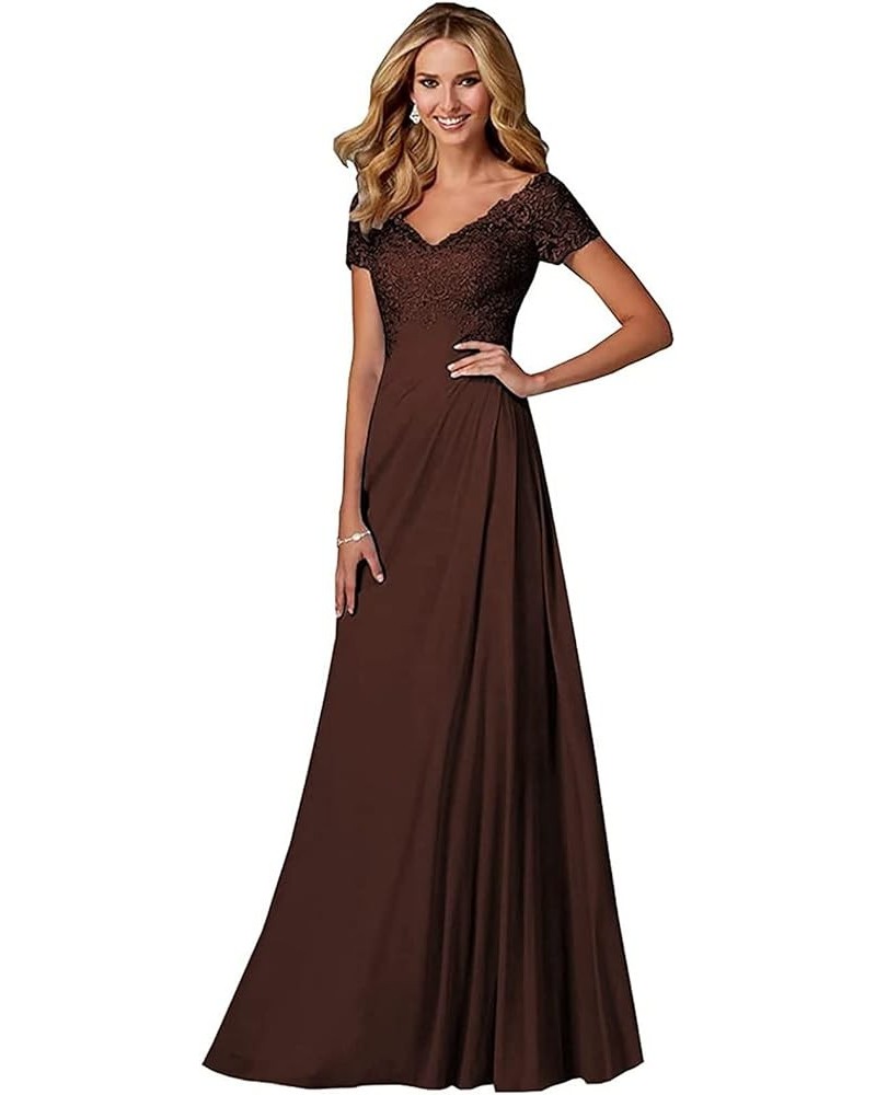 Chiffon Mother of The Bride Dresses Long Lace Appliques V-Neck Pleat Mother Bride Dresses for Wedding with Sleeves Chocolate ...