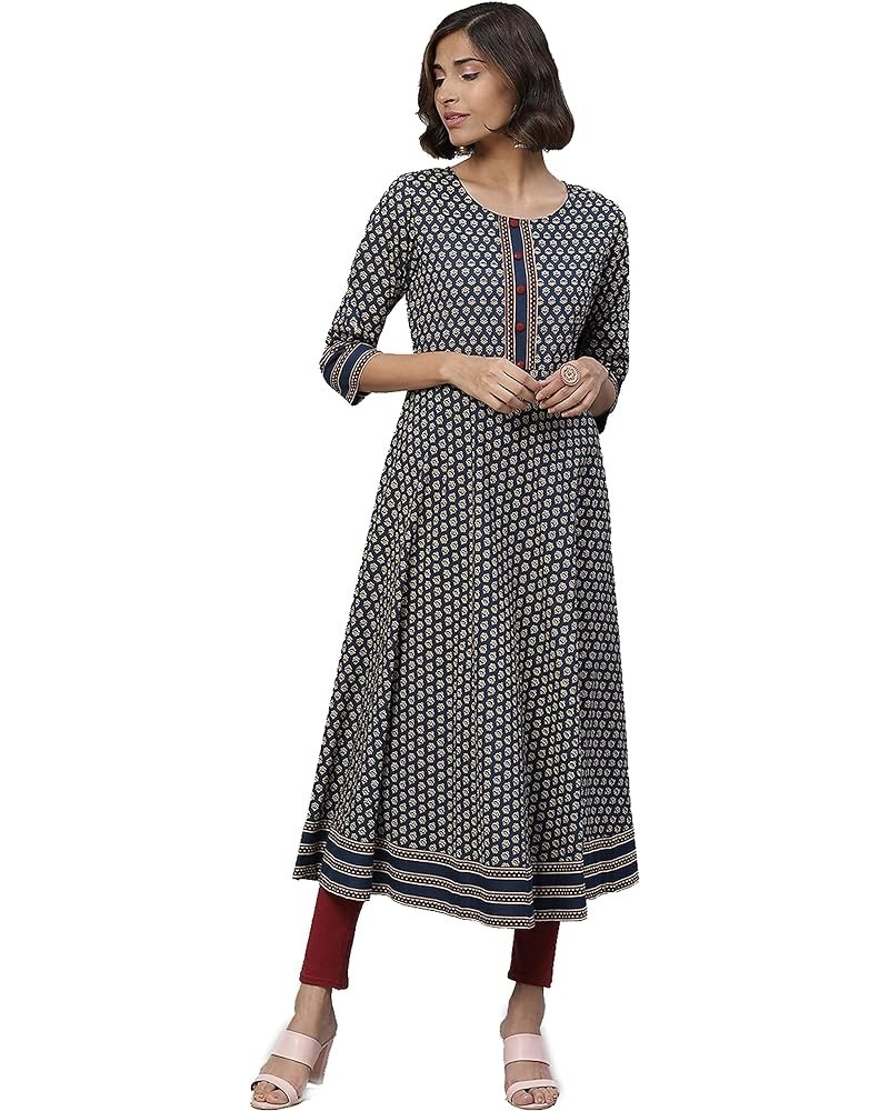 Women's Cotton Floral Print Anarkali Kurta for Mother's Day Blue $12.76 Tops