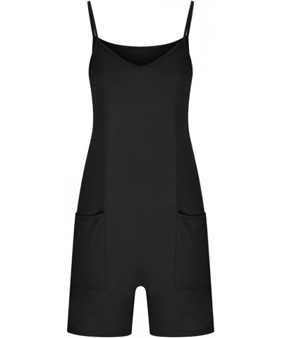 Jumpsuits for Women 2023 Summer Fashion Sleeveless V Neck Spaghetti Strap Shorts Rompers Loose Overalls with Pockets A 02 Bla...