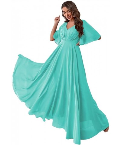 Ruffles Flutter Sleeve Chiffon Bridesmaid Dress Long V Neck Pleated Formal Dress for Women Wedding Guest Turquoise $24.39 Dre...