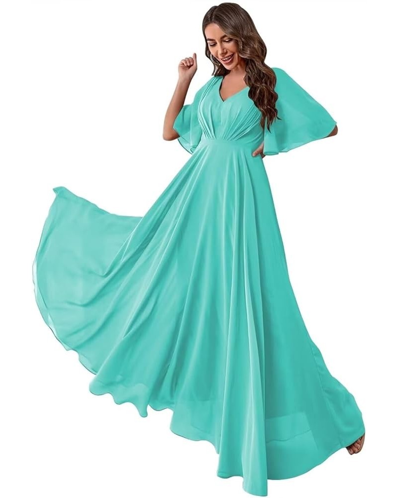 Ruffles Flutter Sleeve Chiffon Bridesmaid Dress Long V Neck Pleated Formal Dress for Women Wedding Guest Turquoise $24.39 Dre...