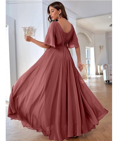 Ruffles Flutter Sleeve Chiffon Bridesmaid Dress Long V Neck Pleated Formal Dress for Women Wedding Guest Turquoise $24.39 Dre...