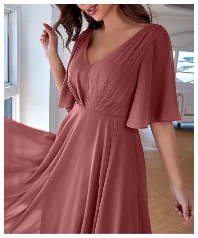 Ruffles Flutter Sleeve Chiffon Bridesmaid Dress Long V Neck Pleated Formal Dress for Women Wedding Guest Turquoise $24.39 Dre...