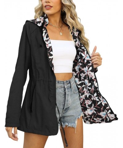 Women Reversible Lightweight Jacket Casual Windbreaker Outerwear Waterproof Outdoor Printed Raincoat Black $22.55 Coats