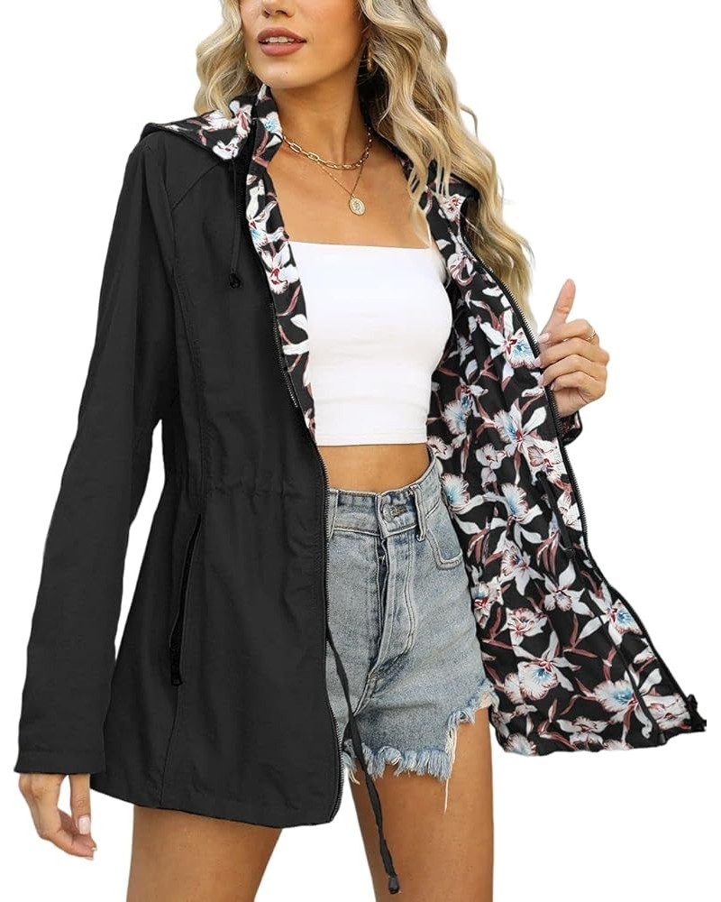 Women Reversible Lightweight Jacket Casual Windbreaker Outerwear Waterproof Outdoor Printed Raincoat Black $22.55 Coats