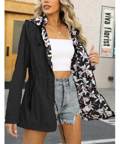 Women Reversible Lightweight Jacket Casual Windbreaker Outerwear Waterproof Outdoor Printed Raincoat Black $22.55 Coats