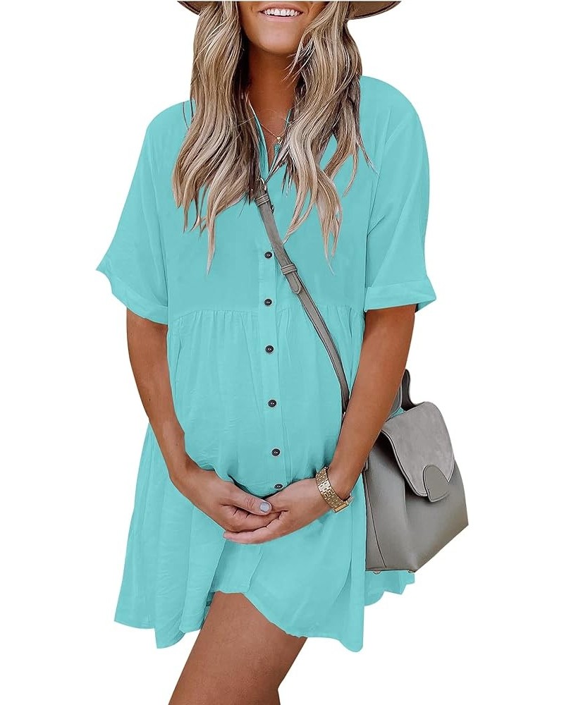 Women's Short Sleeve Babydoll Dress Button Down Dresses with Pockets Blue Green $17.63 Dresses