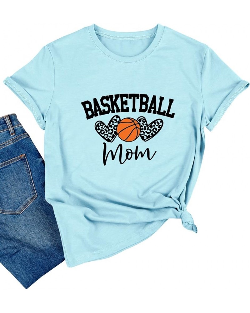 Womens Basketball Mom T-Shirt Graphic Tees Shirt Summer Short Sleeve Casual Tops Sky Blue $11.19 T-Shirts