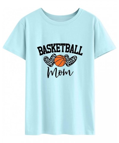 Womens Basketball Mom T-Shirt Graphic Tees Shirt Summer Short Sleeve Casual Tops Sky Blue $11.19 T-Shirts