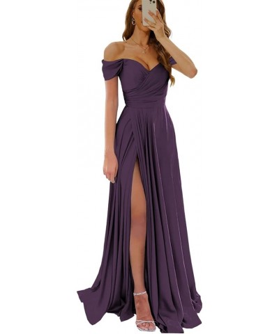 Off The Shoulder Prom Dresses for Women Satin Bridesmaid Dress with Slit Corset Formal Evening Gown Plum $24.75 Dresses