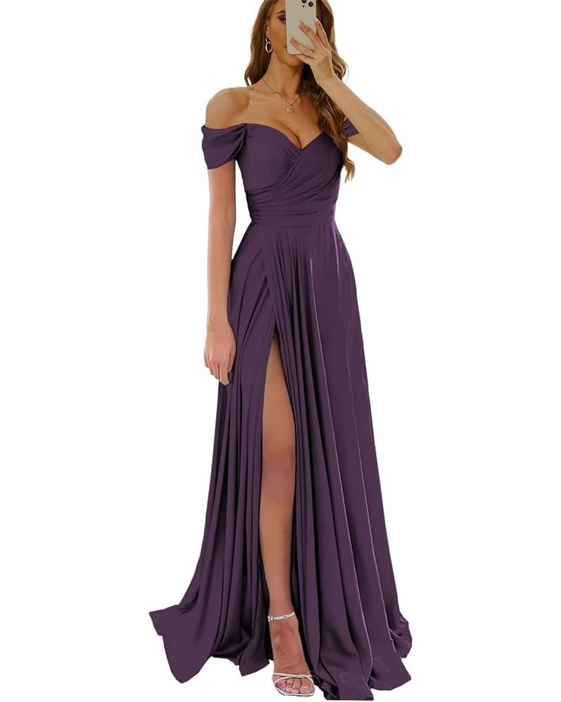 Off The Shoulder Prom Dresses for Women Satin Bridesmaid Dress with Slit Corset Formal Evening Gown Plum $24.75 Dresses