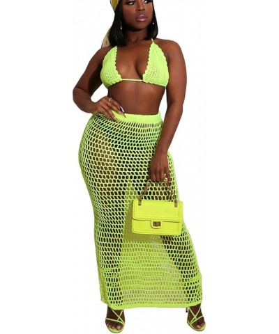 Women Sexy Beach Coverups Summer 2 Piece Outfits Crochet Mesh Fishnet Bikini Top and Maxi Skirt Set A Yellow $21.53 Swimsuits