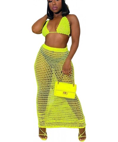 Women Sexy Beach Coverups Summer 2 Piece Outfits Crochet Mesh Fishnet Bikini Top and Maxi Skirt Set A Yellow $21.53 Swimsuits