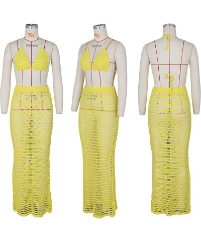 Women Sexy Beach Coverups Summer 2 Piece Outfits Crochet Mesh Fishnet Bikini Top and Maxi Skirt Set A Yellow $21.53 Swimsuits