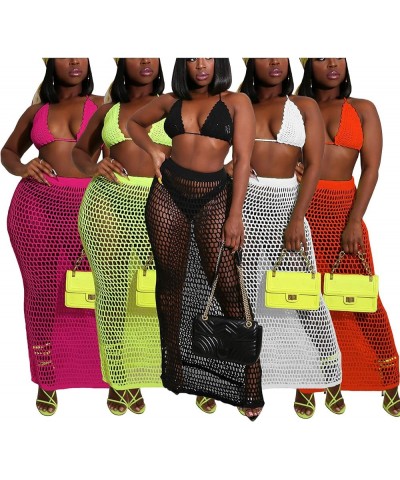 Women Sexy Beach Coverups Summer 2 Piece Outfits Crochet Mesh Fishnet Bikini Top and Maxi Skirt Set A Yellow $21.53 Swimsuits