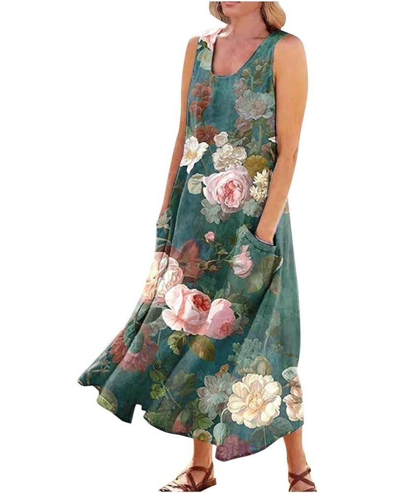 Summer Dresses 2024 Sleeveless Print Maxi Dress with Round Neck and Two Large Pockets Dresses for Women 2024 01-green $10.15 ...