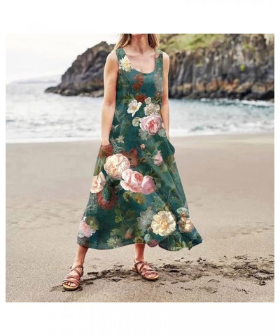 Summer Dresses 2024 Sleeveless Print Maxi Dress with Round Neck and Two Large Pockets Dresses for Women 2024 01-green $10.15 ...