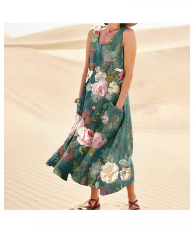 Summer Dresses 2024 Sleeveless Print Maxi Dress with Round Neck and Two Large Pockets Dresses for Women 2024 01-green $10.15 ...