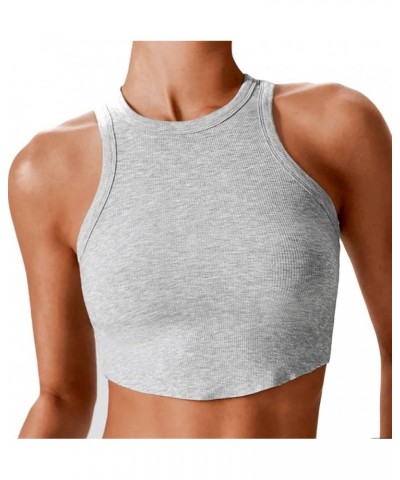 Sleeveless Fitted Tank Tops for Women Crew Neck Racerback Casual Basic Ribbed Knit Curved Hem Crop Tank Tops Grey $10.80 Tanks