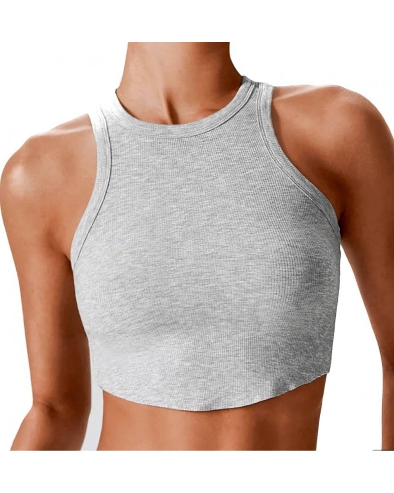 Sleeveless Fitted Tank Tops for Women Crew Neck Racerback Casual Basic Ribbed Knit Curved Hem Crop Tank Tops Grey $10.80 Tanks