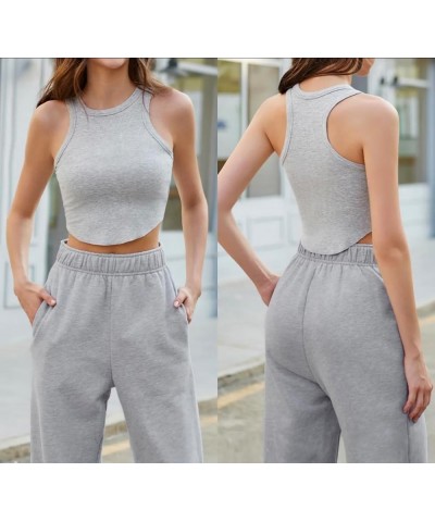 Sleeveless Fitted Tank Tops for Women Crew Neck Racerback Casual Basic Ribbed Knit Curved Hem Crop Tank Tops Grey $10.80 Tanks