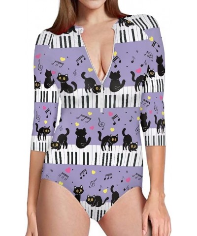 Womens One Piece Swimsuit Zip Front Printed 3/4 Short Sleeve Rash Guard UPF 50++ Sun Protection Swimwear Music-cat $16.81 Swi...