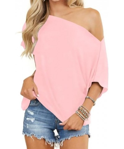 Women Off Shoulder Tops Short Sleeve T-Shirts Loose Blouses Oversized Tunic Tops Pink $12.49 Tops