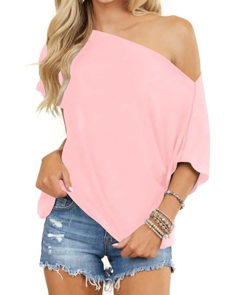 Women Off Shoulder Tops Short Sleeve T-Shirts Loose Blouses Oversized Tunic Tops Pink $12.49 Tops