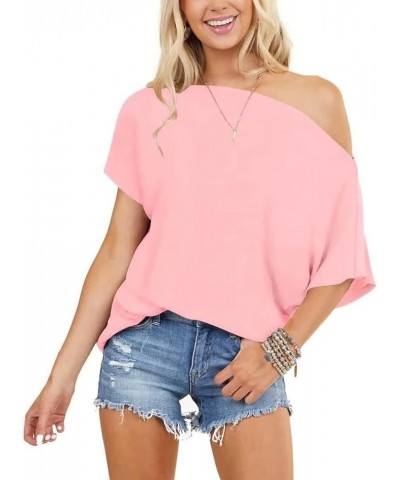 Women Off Shoulder Tops Short Sleeve T-Shirts Loose Blouses Oversized Tunic Tops Pink $12.49 Tops