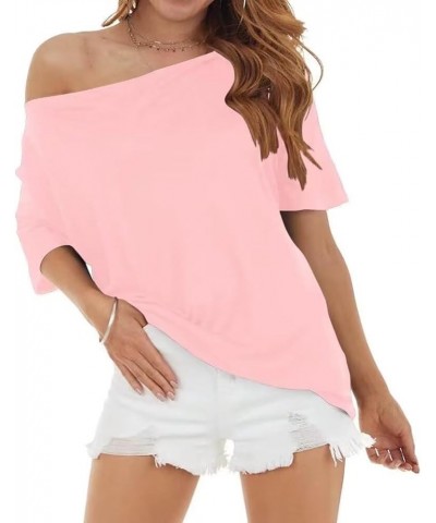 Women Off Shoulder Tops Short Sleeve T-Shirts Loose Blouses Oversized Tunic Tops Pink $12.49 Tops