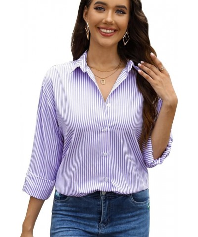 Womens Fashion Striped Shirt Classic Long Sleeve Button Down Shirt Business Casual Blouses Work Tops 01 Purple White Striped ...