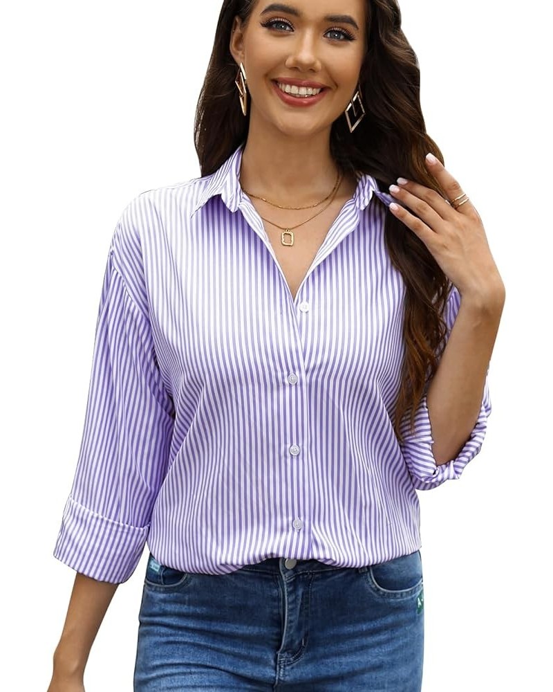 Womens Fashion Striped Shirt Classic Long Sleeve Button Down Shirt Business Casual Blouses Work Tops 01 Purple White Striped ...