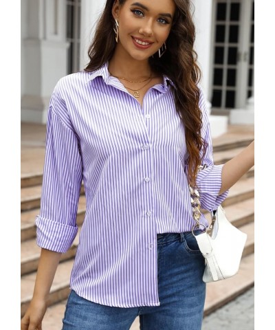 Womens Fashion Striped Shirt Classic Long Sleeve Button Down Shirt Business Casual Blouses Work Tops 01 Purple White Striped ...