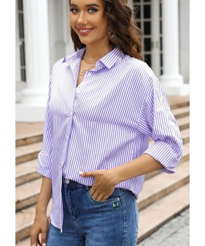 Womens Fashion Striped Shirt Classic Long Sleeve Button Down Shirt Business Casual Blouses Work Tops 01 Purple White Striped ...