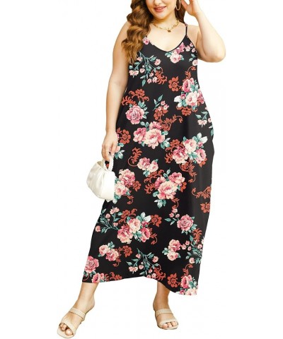 Women's Plus Size Summer Casual Sleeveless V Neck Strappy Maxi Dress Beach Loose Cami Long Dresses Yh1021 Rose Black $20.13 D...