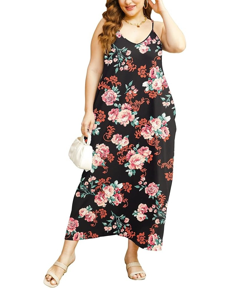 Women's Plus Size Summer Casual Sleeveless V Neck Strappy Maxi Dress Beach Loose Cami Long Dresses Yh1021 Rose Black $20.13 D...