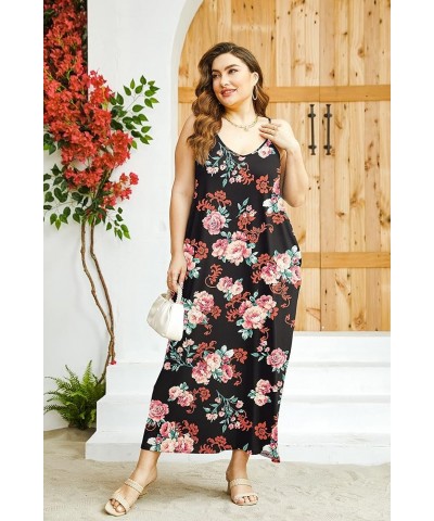 Women's Plus Size Summer Casual Sleeveless V Neck Strappy Maxi Dress Beach Loose Cami Long Dresses Yh1021 Rose Black $20.13 D...