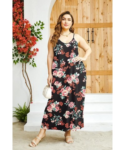 Women's Plus Size Summer Casual Sleeveless V Neck Strappy Maxi Dress Beach Loose Cami Long Dresses Yh1021 Rose Black $20.13 D...